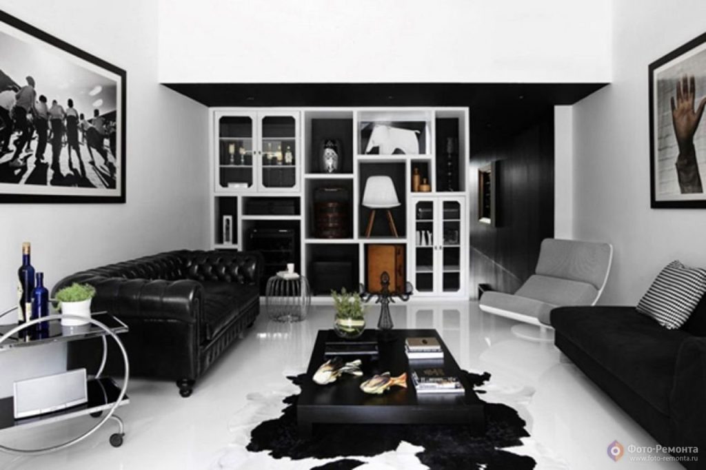 Черно белая гостиная дизайн - 53 фото