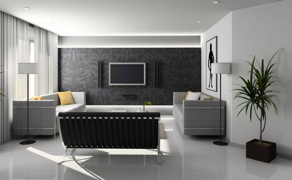 Дизайн гостиной в черно-белых тонах, черно белый интерьер, обои и стенка в  гостиной