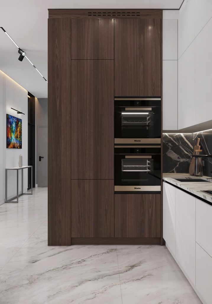 Дизайн интерьера: белая кухня с черным фартуком под мрамор