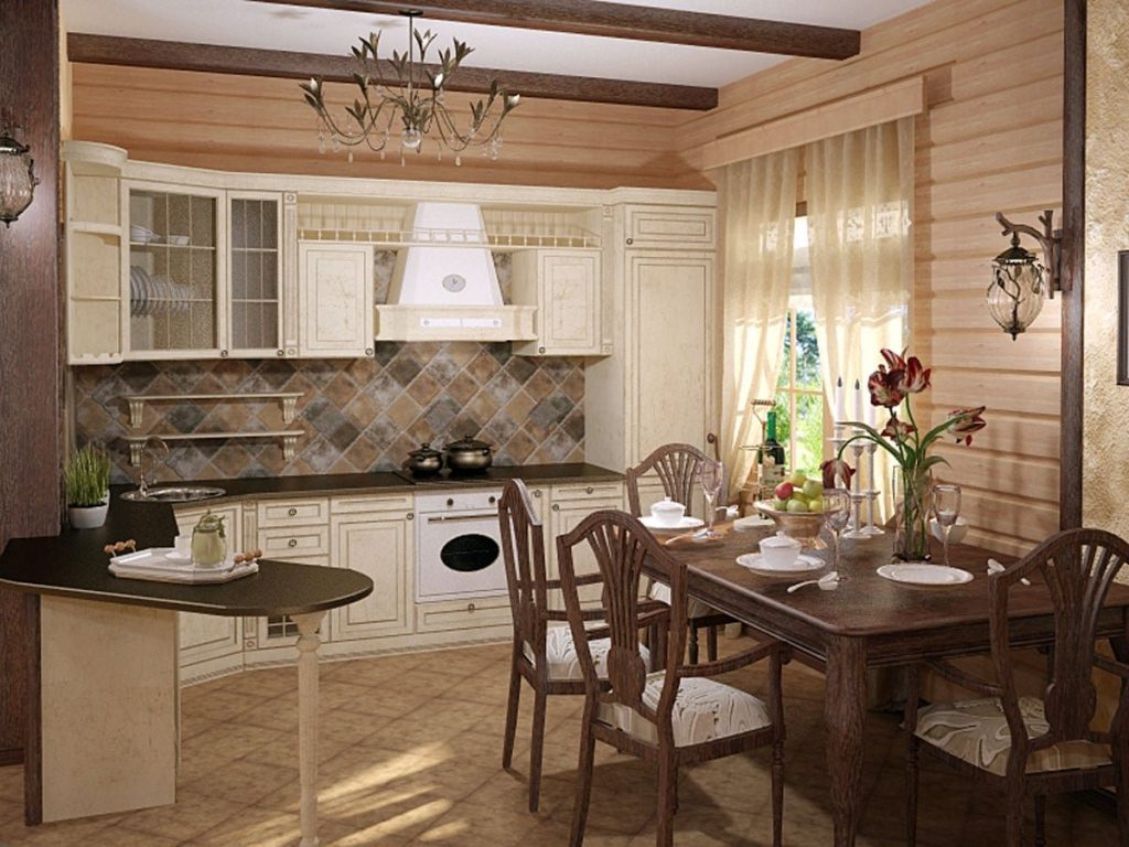 Дизайн кухни гостиной в деревянном доме - 53 фото