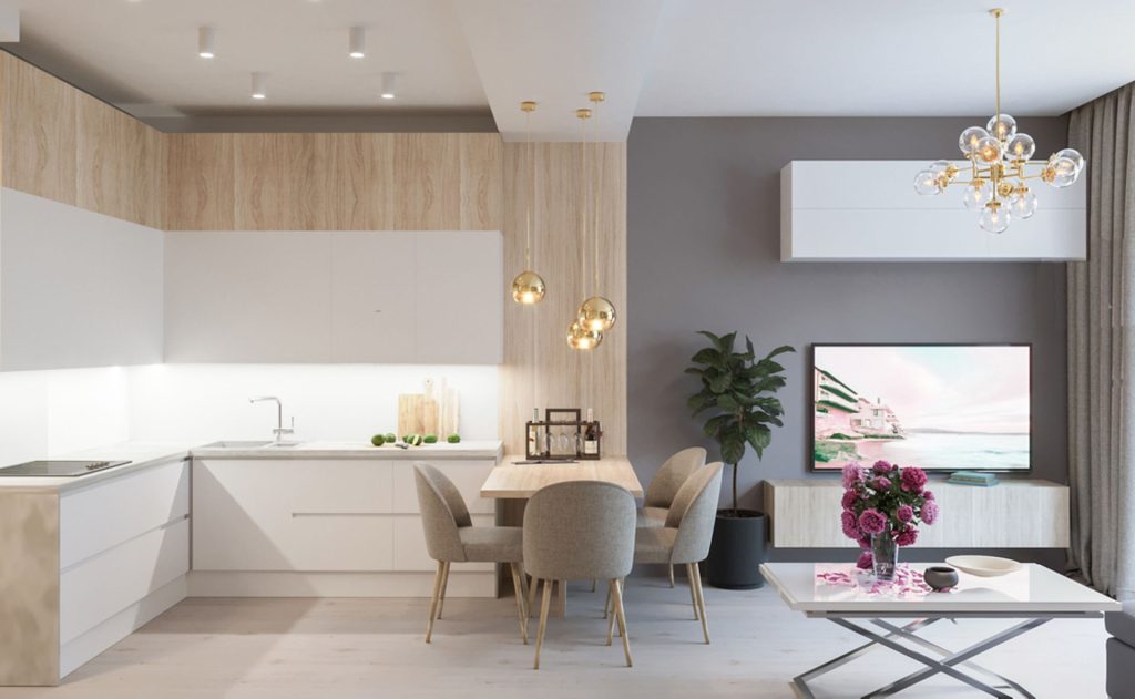 Кухня-гостиная 22.3 м², Стиль Контемпорари: купить готовый дизайн-проект  кухни-гостиной в стиле Контемпорари для жк зил арт - ReRooms