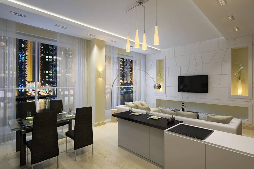 Кухня в стиле минимализм - фото интерьера кухни гостиной в стиле  минимализм, шторы, мебель и кухонный гарнитур в стиле минимализм.