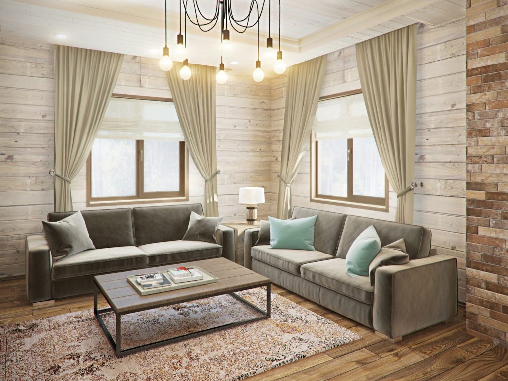 Интерьер гостиной в деревянном доме из бруса: фото дизайна совмещенных  комнат