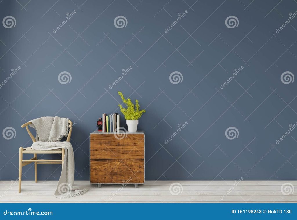 Внутри с темно-синим деревянным креслом и деревянной боковой столовой  пустой стеной для копировального пространства Иллюстрация штока -  иллюстрации насчитывающей самомоднейше, ткань: 161198243