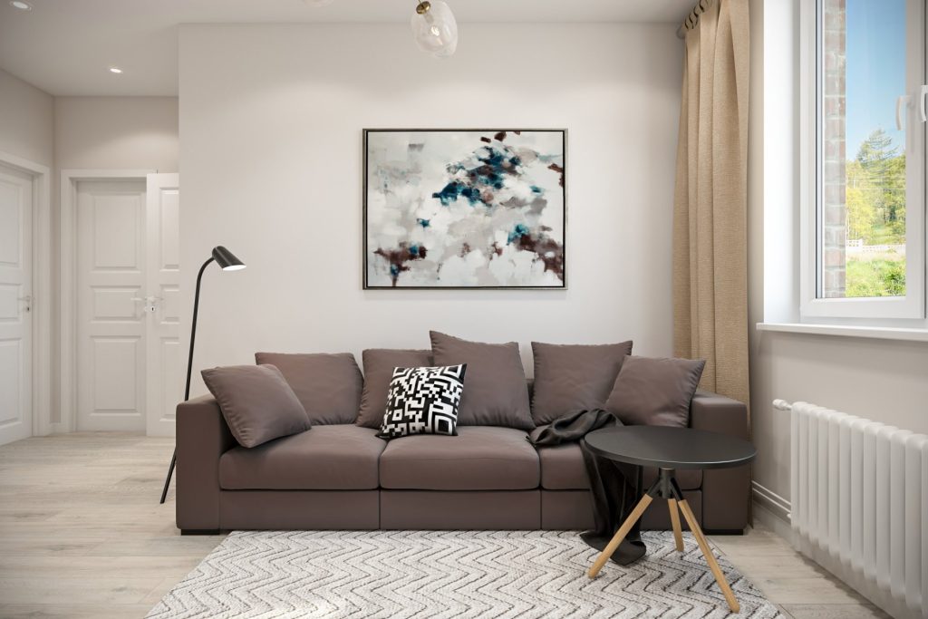 Дизайн гостиной с коричневым диваном - 76 фото