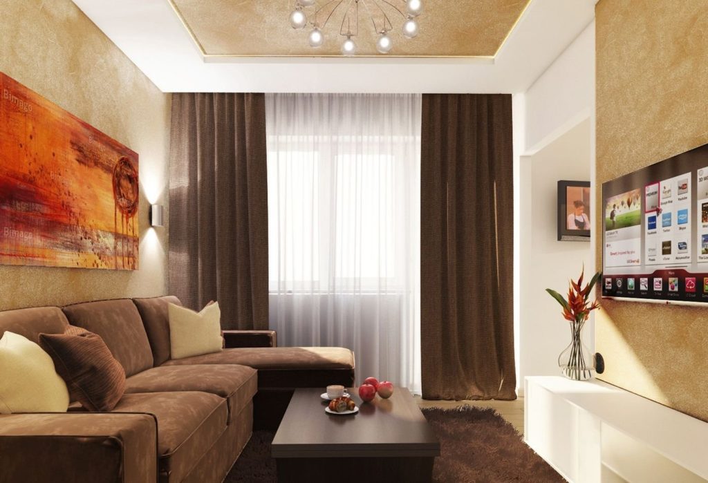 Интерьер зала с коричневым диваном - 79 фото