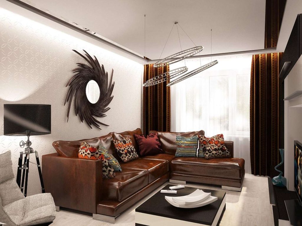 Дизайн гостиной с коричневым диваном - 78 фото