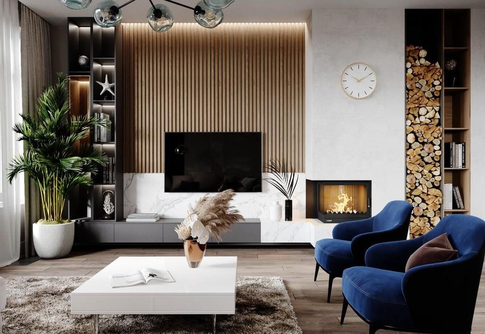 Дизайн гостиной с камином — современный интерьер в квартире и загородном  доме: ТрендоДом