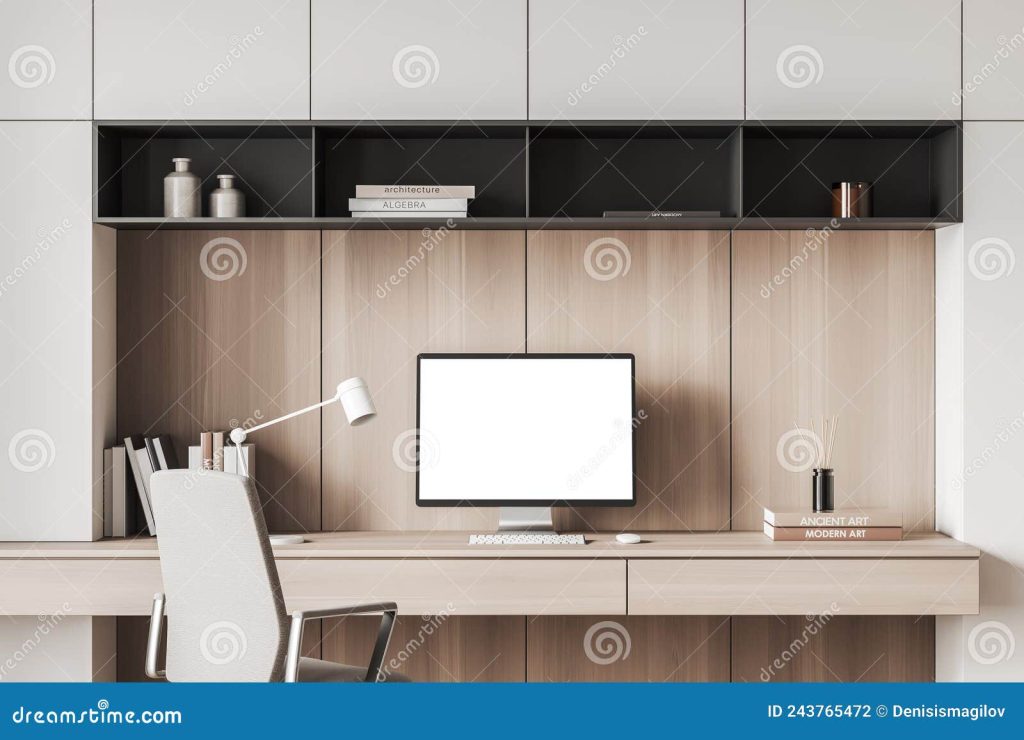 яркая гостиная комната с рабочим столом с пустым монитором Иллюстрация  штока - иллюстрации насчитывающей яркое, самомоднейше: 243765472