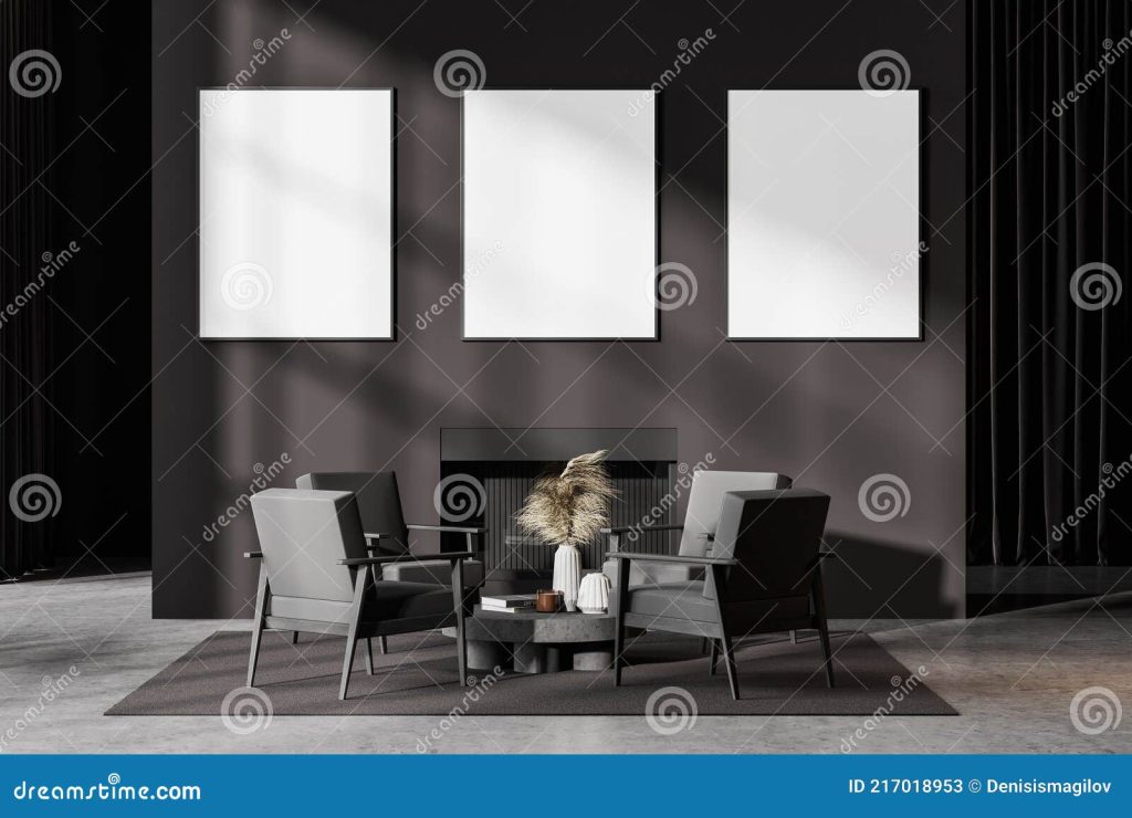 современный интерьер тёмно-серой гостиной с каминными креслами. макет на  стене трех плакатов подряд Иллюстрация штока - иллюстрации насчитывающей  лобби, пусто: 217018953