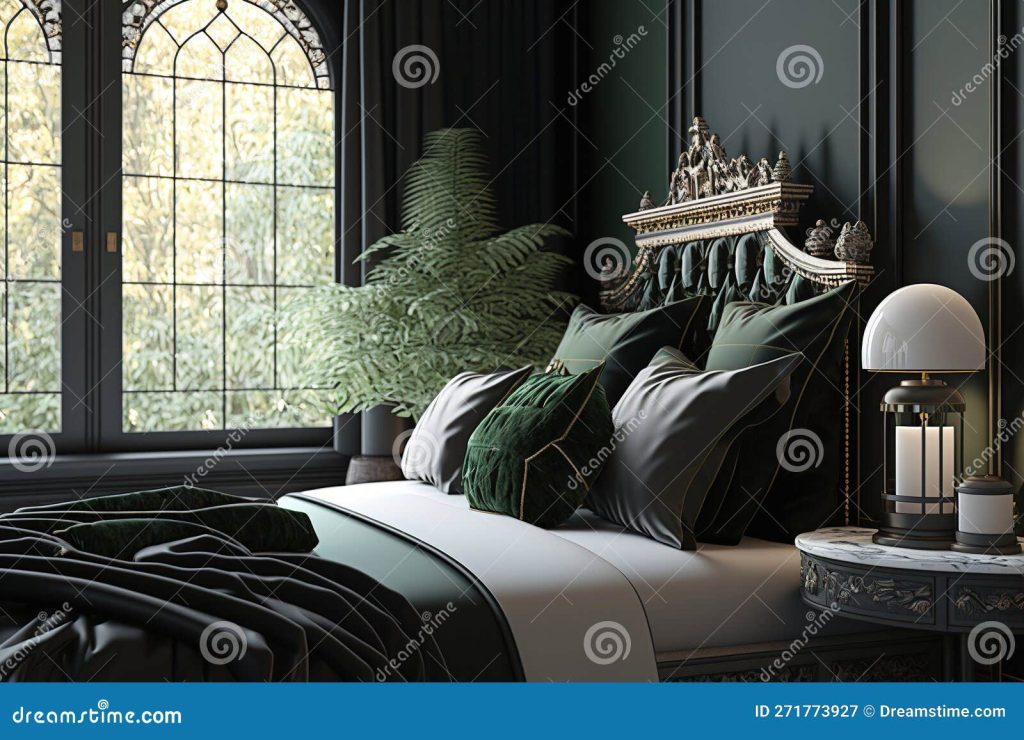 современный дизайн интерьер темно-зеленой спальни с большими окнами и  зелеными. генеративный помощник Иллюстрация штока - иллюстрации  насчитывающей зелень, крыто: 271773927
