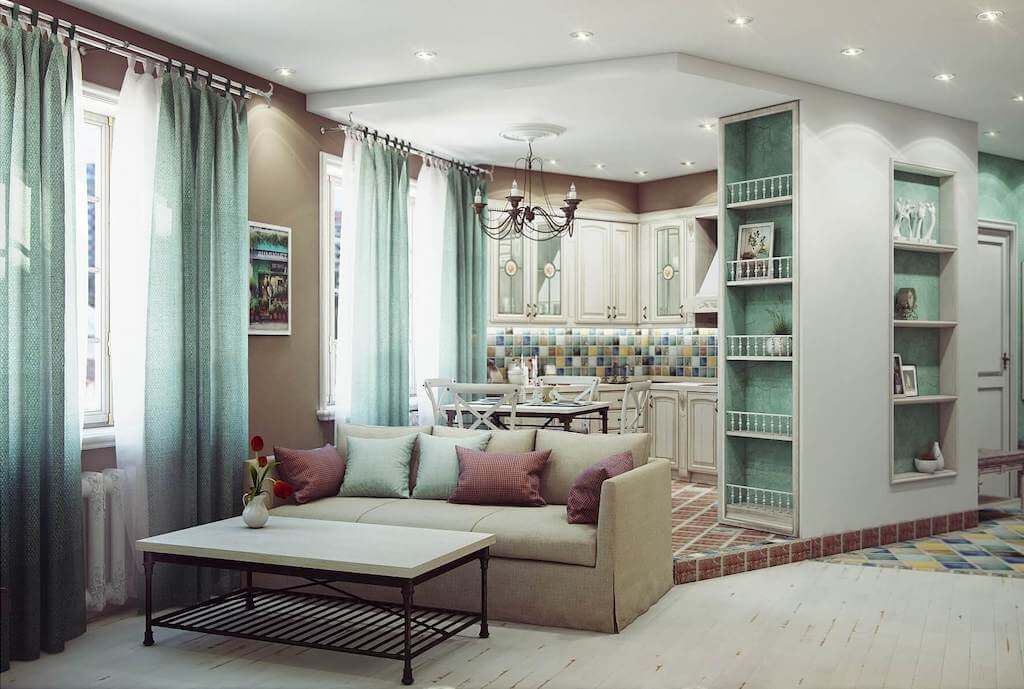 Шторы в гостиную совмещенную с кухней: выбор стиля и зонирование интерьера,  фото