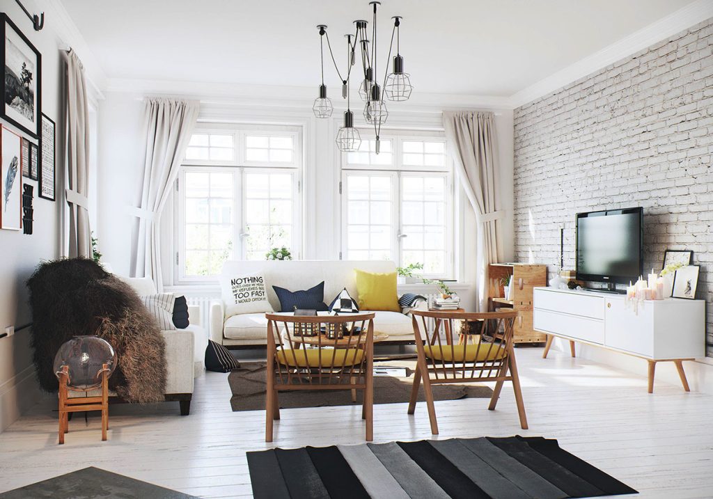 Гостиная с камином в скандинавском стиле: тонкости дизайна интерьера,  отделка потолка, мебель и полки, фото