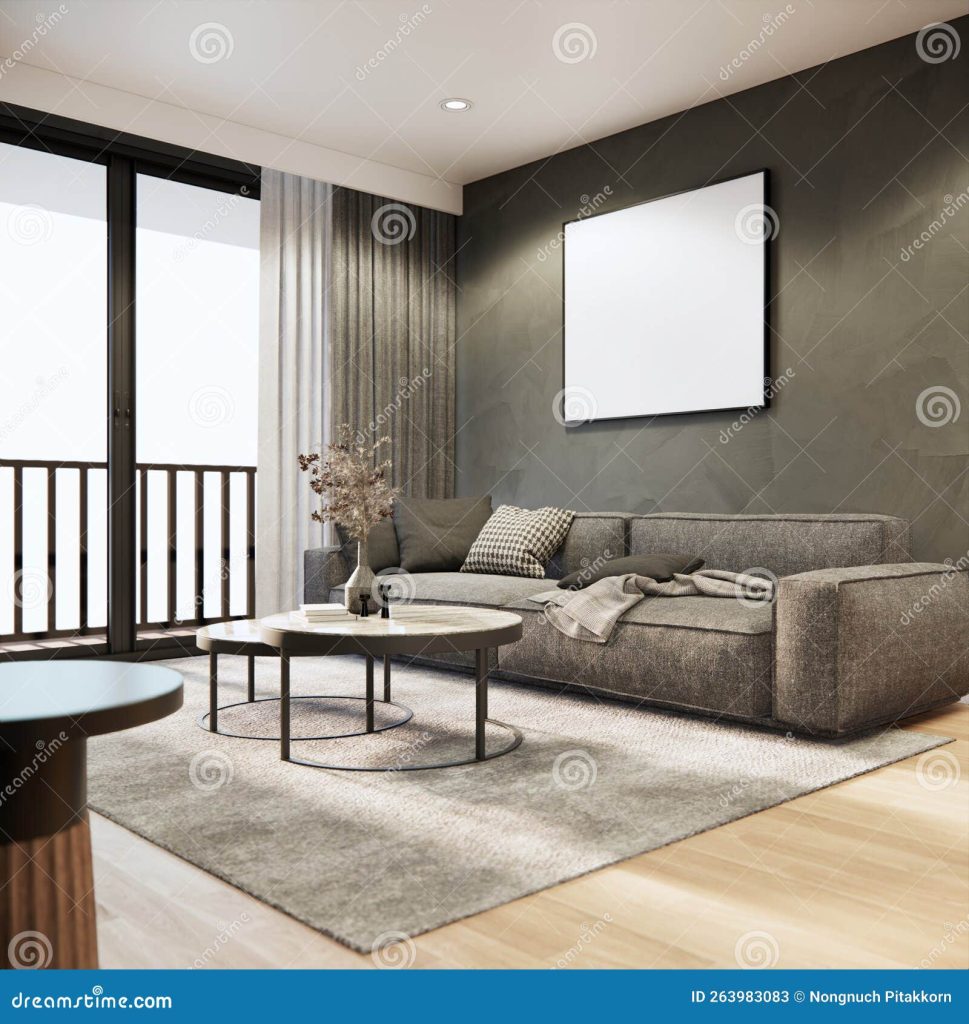 интерьер гостиной дизайн и декорации с модным серым ковром для тканей  современный лофт-стиль 3d рендеринг макета квартиры Иллюстрация штока -  иллюстрации насчитывающей крыто, самомоднейше: 263983083