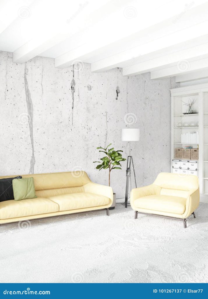 Желтые спальня или гостиная в современном дизайне интерьера стиля с стеной  Exuding и стильной мебелью перевод 3d Иллюстрация штока - иллюстрации  насчитывающей иллюстрация, конструкция: 101267137