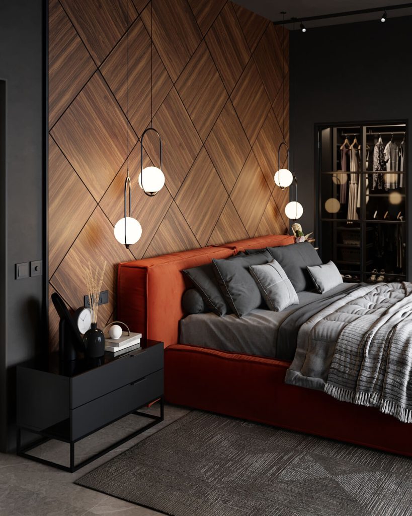 Интерьер спальни в темных оттенках с оранжевой кроватью Vento Wide —  фабрика современной дизайнерской мебели SKDESIGN