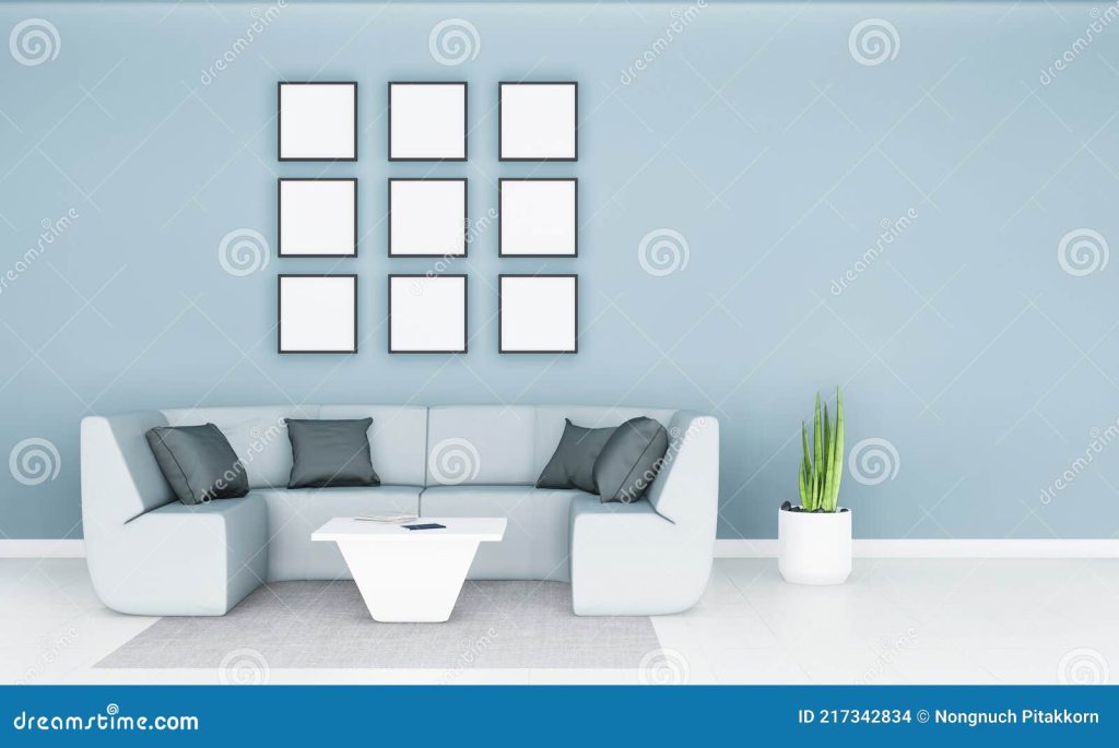 светло-голубая гостиная дизайн интерьера с диваном и пустой картинкой  Иллюстрация штока - иллюстрации насчитывающей уговариваний, иллюзион:  217342834