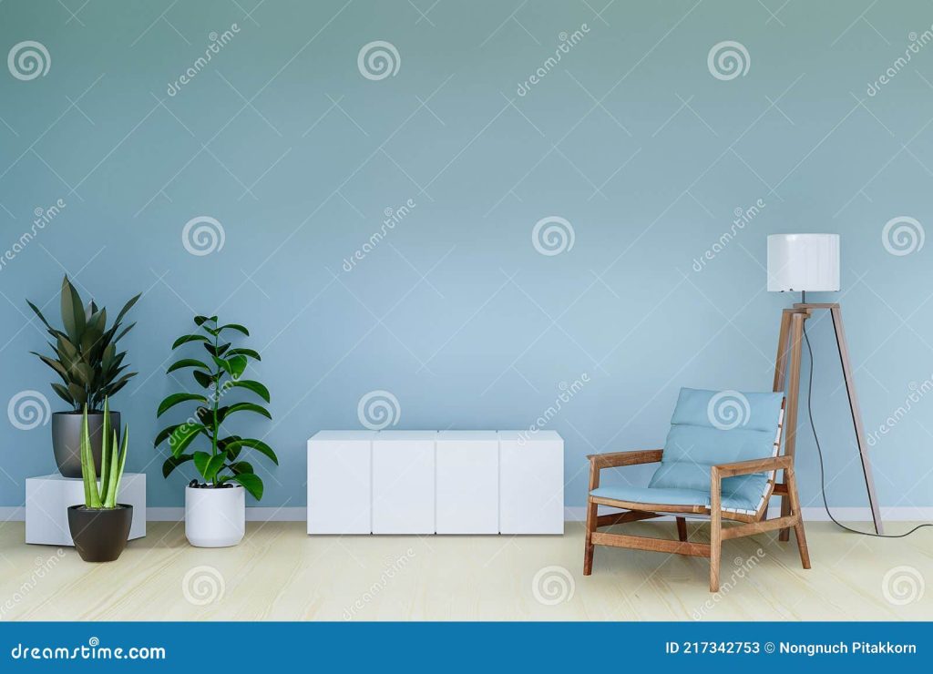 светло-синий дизайн интерьера с мебелью синяя стена и паркетный пол  Иллюстрация штока - иллюстрации насчитывающей крыто, украшение: 217342753