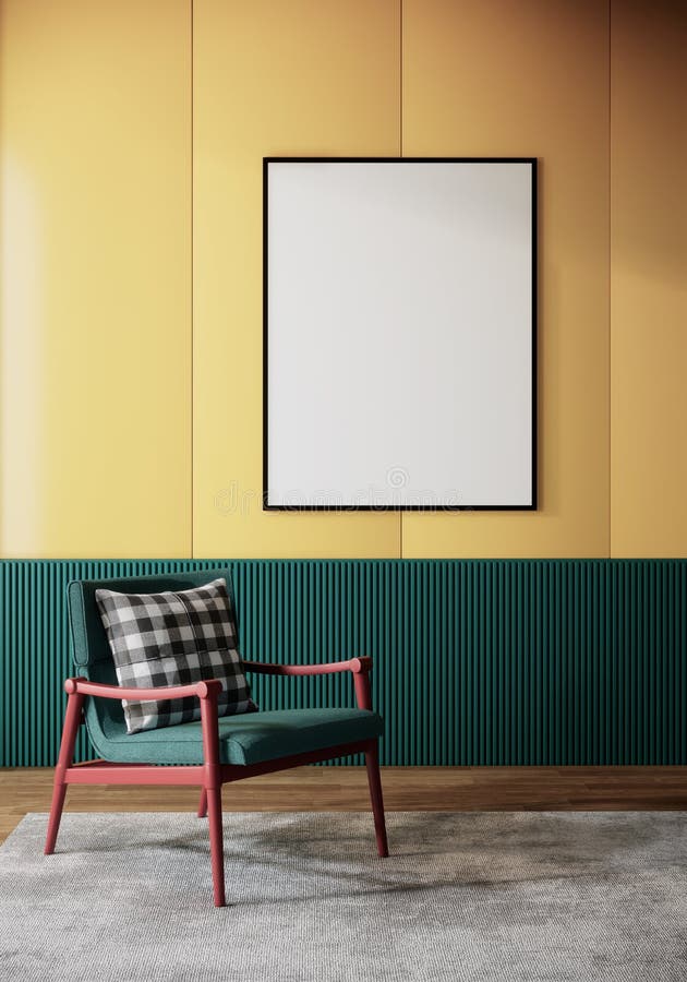 Пустая насмешка картинной рамки на желтой номер внутреннем 3d стены,  представляющих вертикальную фон Иллюстрация штока - иллюстрации  насчитывающей тип, комната: 211532488
