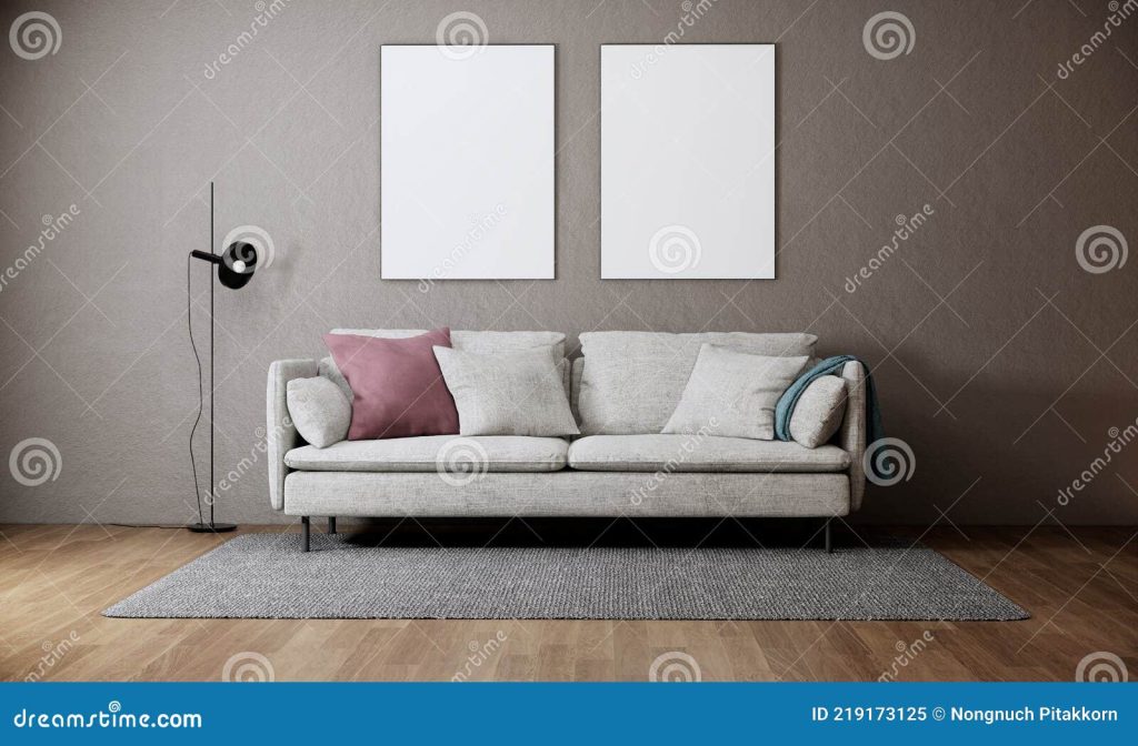 пустая картинка рамки макет в современном интерьере гостиной с диваном  деревянный пол и серой стены 3d рендеринг Иллюстрация штока - иллюстрации  насчитывающей настил, серо: 219173125