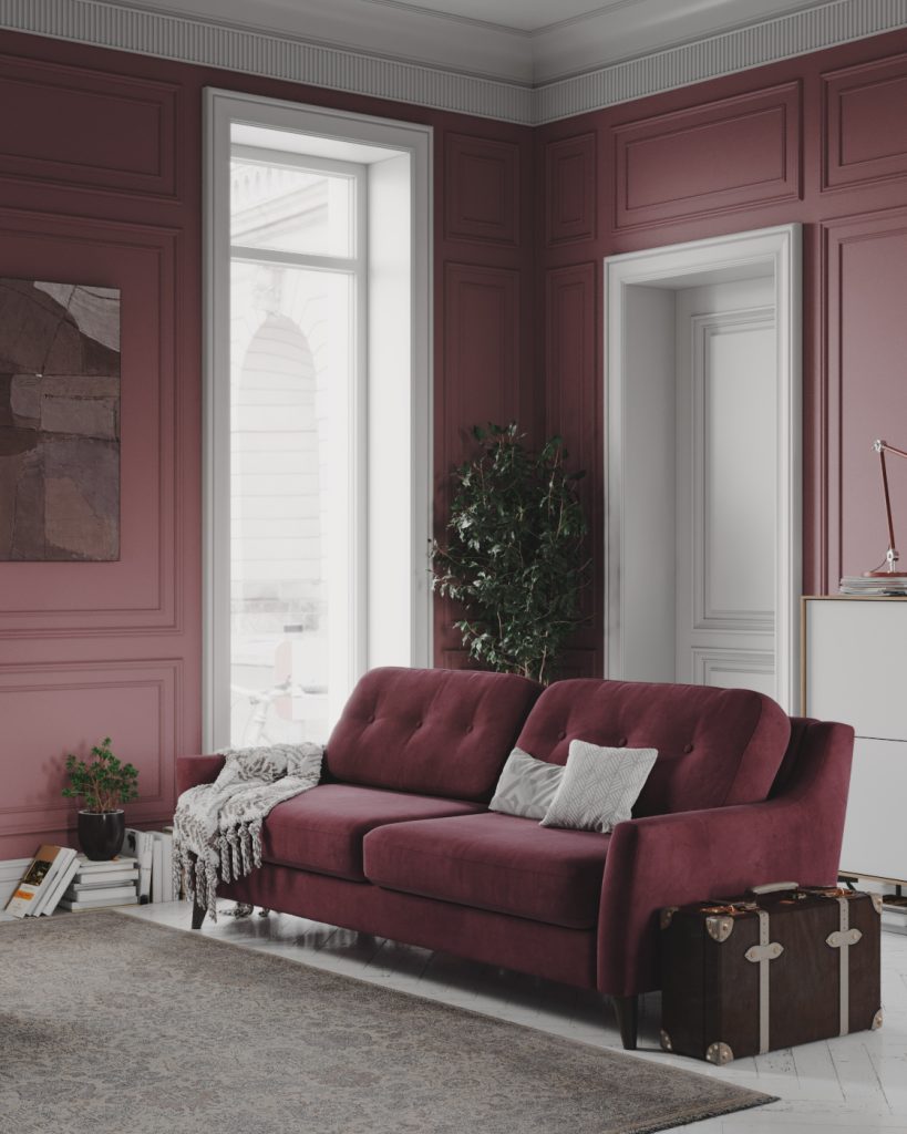 Бордовый диван в интерьере гостиной - 64 фото