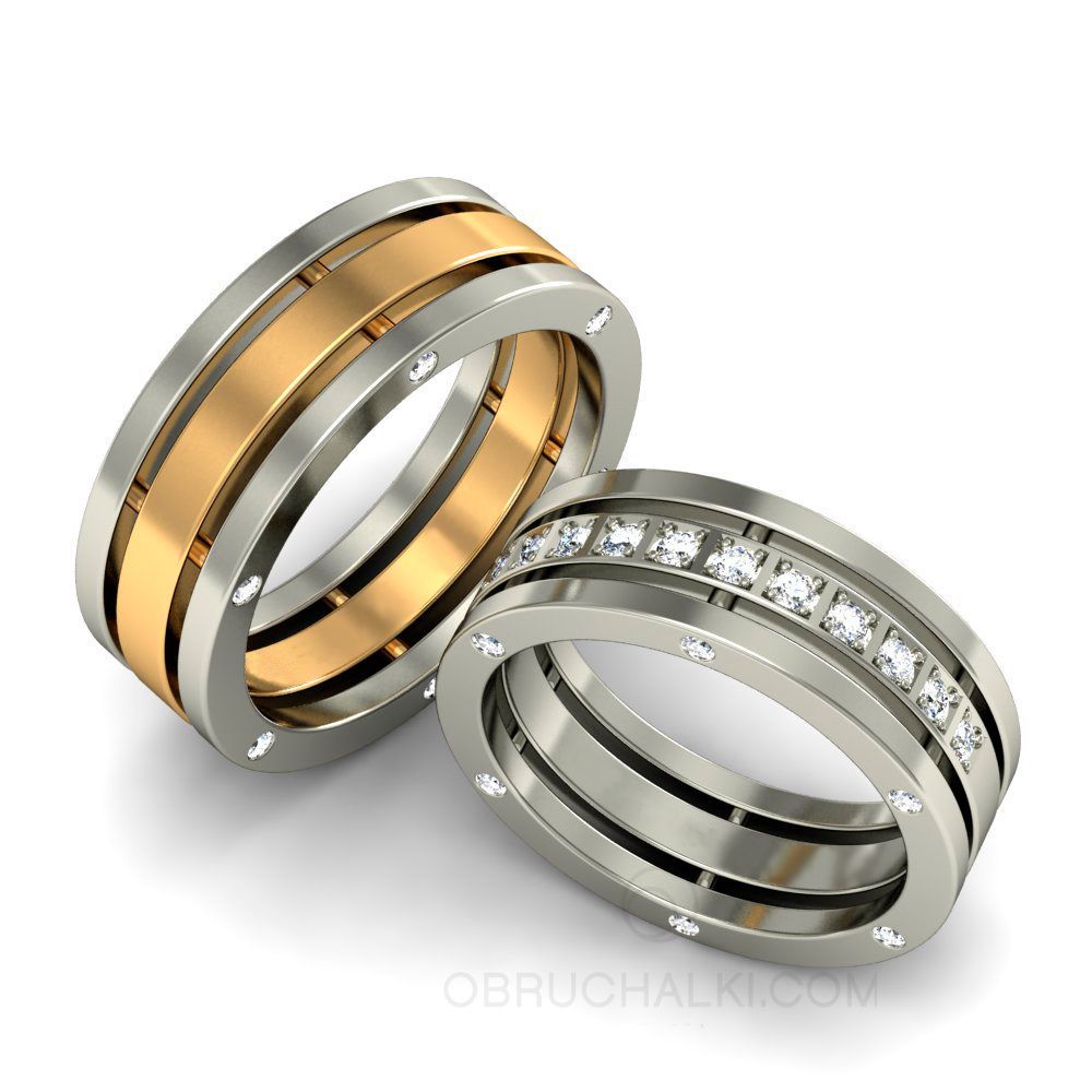 Стильные обручальные комбинированные кольца с бриллиантами и изумрудами на  заказ из белого и желтого золота, серебра, платины или своего металла