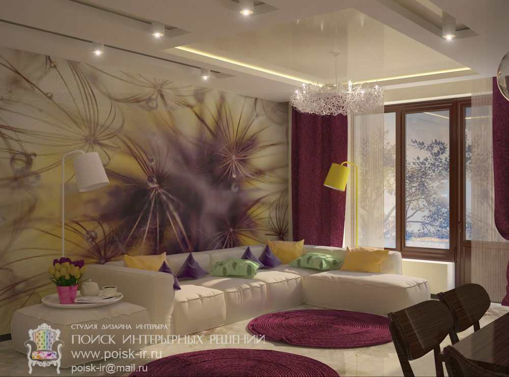 Интерьеры в фиолетовых оттенках - дизайн-проекты спален, кухни, гостиной.