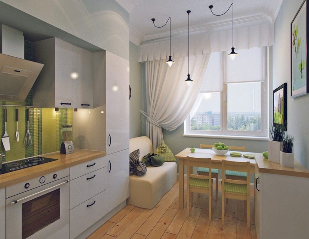 Дизайн маленькой кухни с диваном, телевизором и обеденной зоной - 35 фото