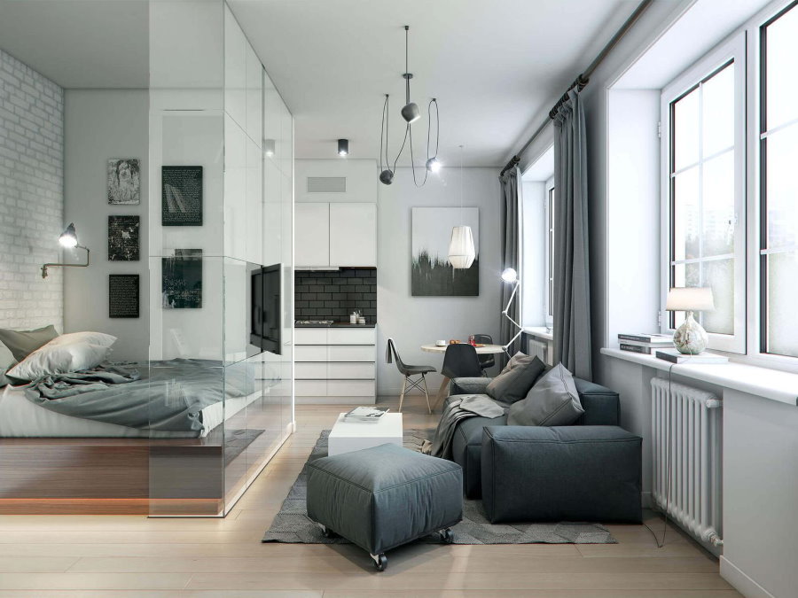 Дизайн квартиры-студии: современный интерьер однокомнатного помещения, фото