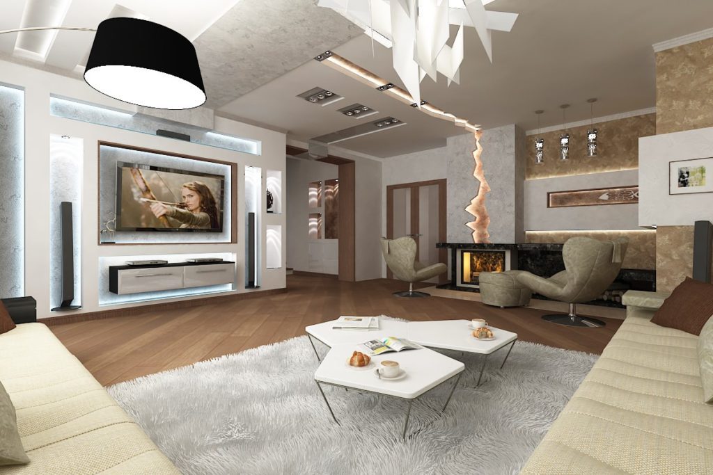 Дизайн гостиной с камином (30 фото), варианты с угловым и электрическим  камином