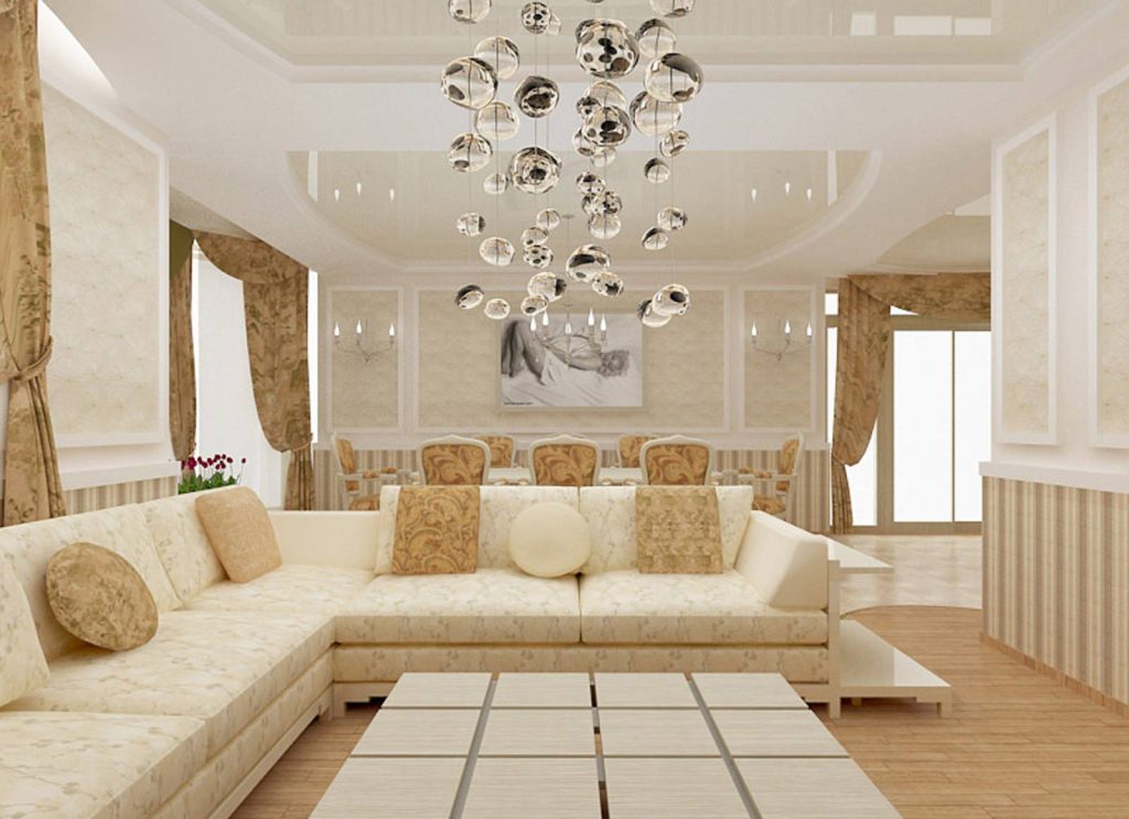 Дизайн потолка в гостиной: варианты исполнения, фото