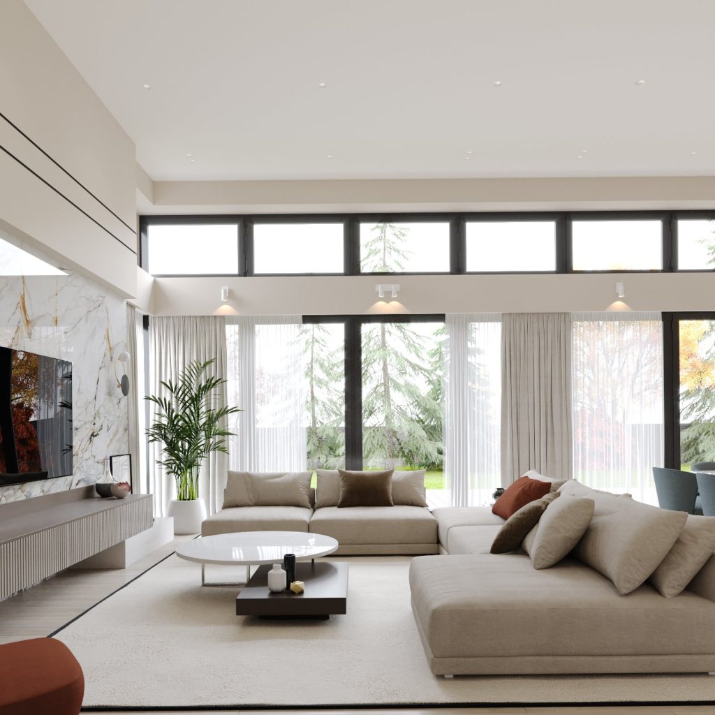 Дизайн гостиной с панорамными окнами - 69 фото