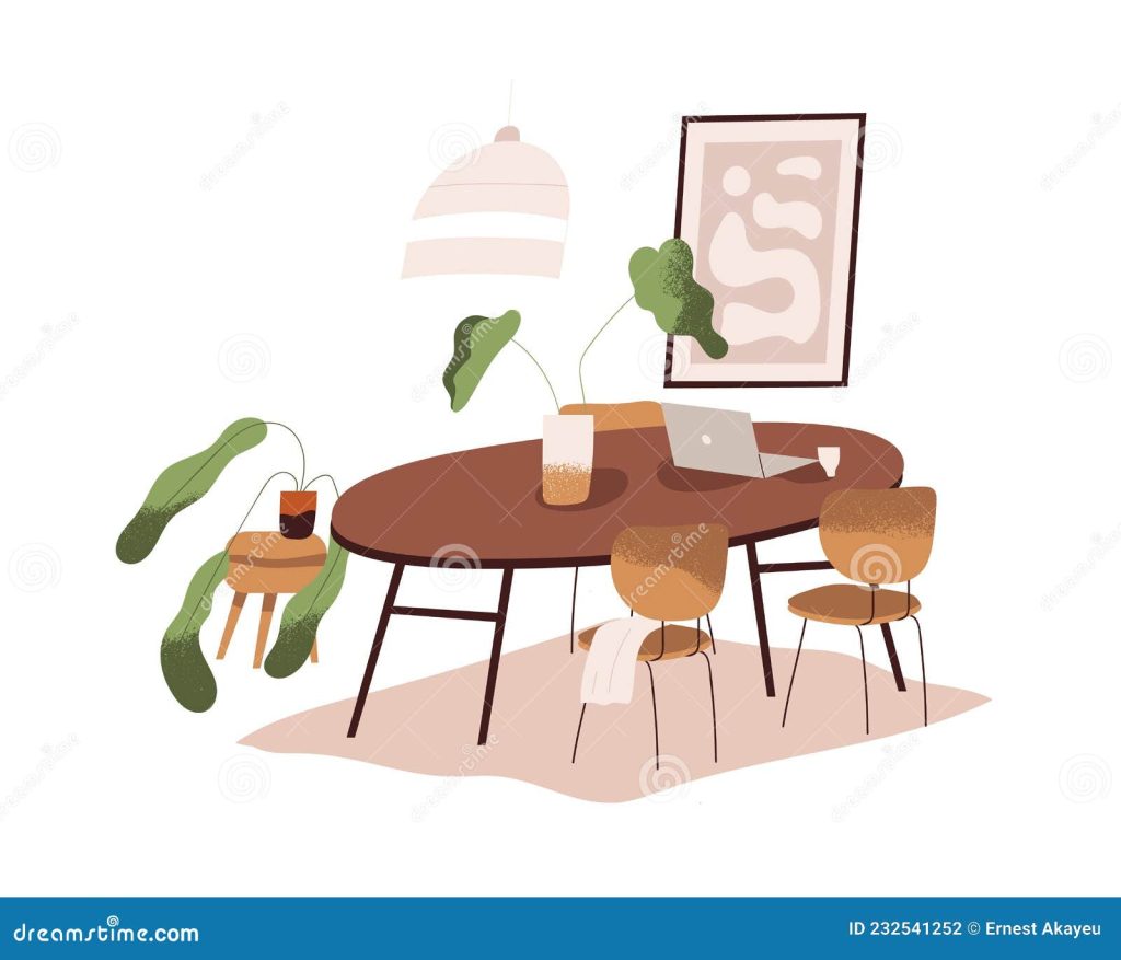 дизайн гостиной. уютный минималистский дом с круглым деревянным столом с  ковром для обуви для ноутбуков Иллюстрация вектора - иллюстрации  насчитывающей стул, минимализм: 232541252
