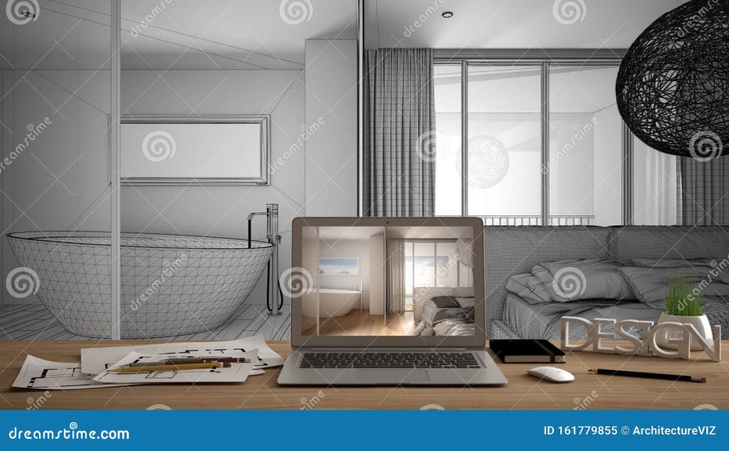 архитектор дизайнерский дизайн настольного компьютера, ноутбук на  деревянном рабочем столе с экраном, показывающим дизайн интерье Стоковое  Изображение - изображение насчитывающей идея, имущество: 161779855