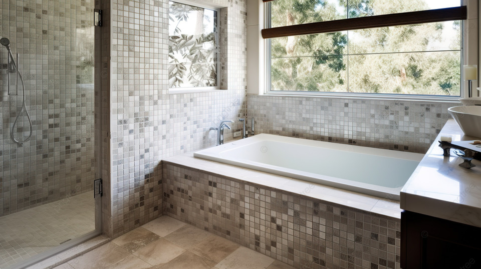 кафельная ванная комната с ванной у окна, фото идеи плитки в ванной фон  картинки и Фото для бесплатной загрузки
