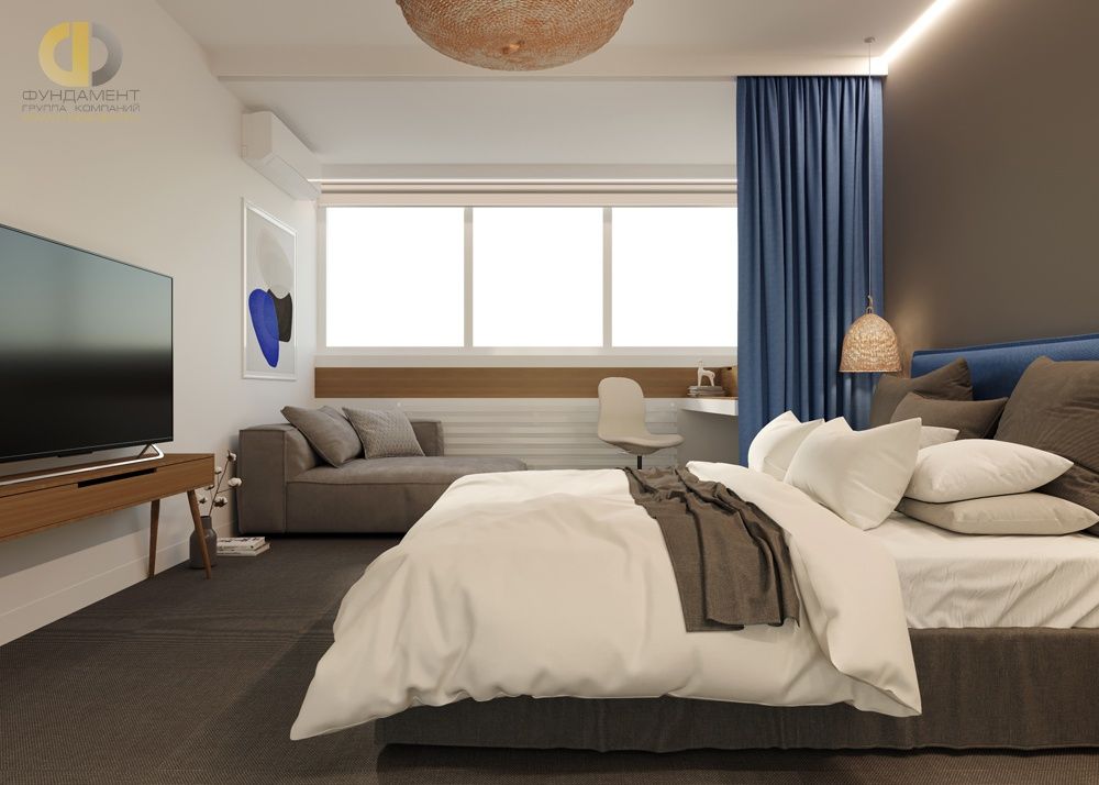 Дизайн спальни 18 кв. м с кроватью в обивке Very Peri - идеи интерьера  SKDESIGN