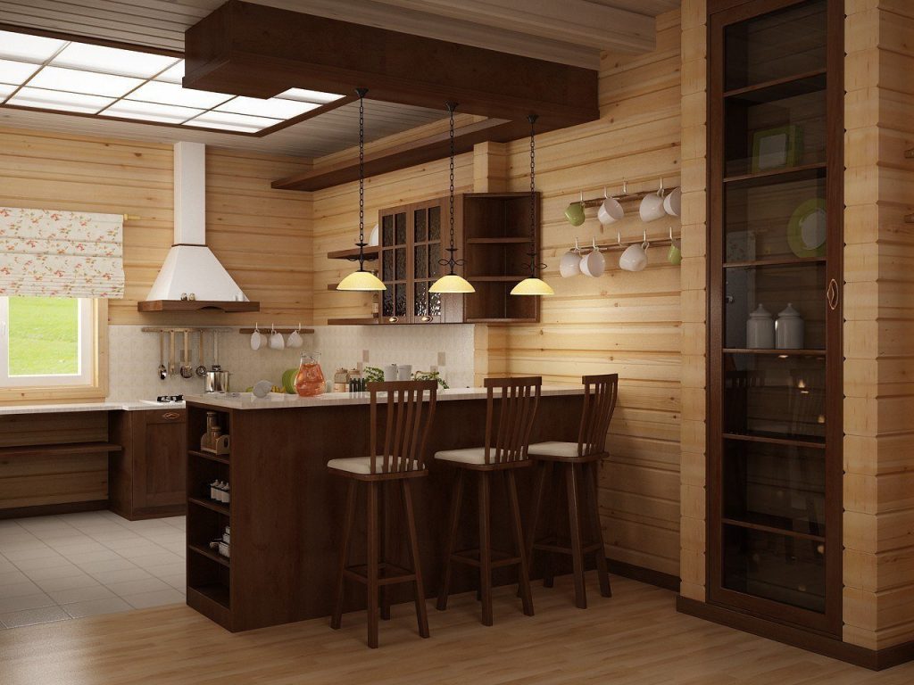 Дизайн кухни гостиной в деревянном доме - 68 фото