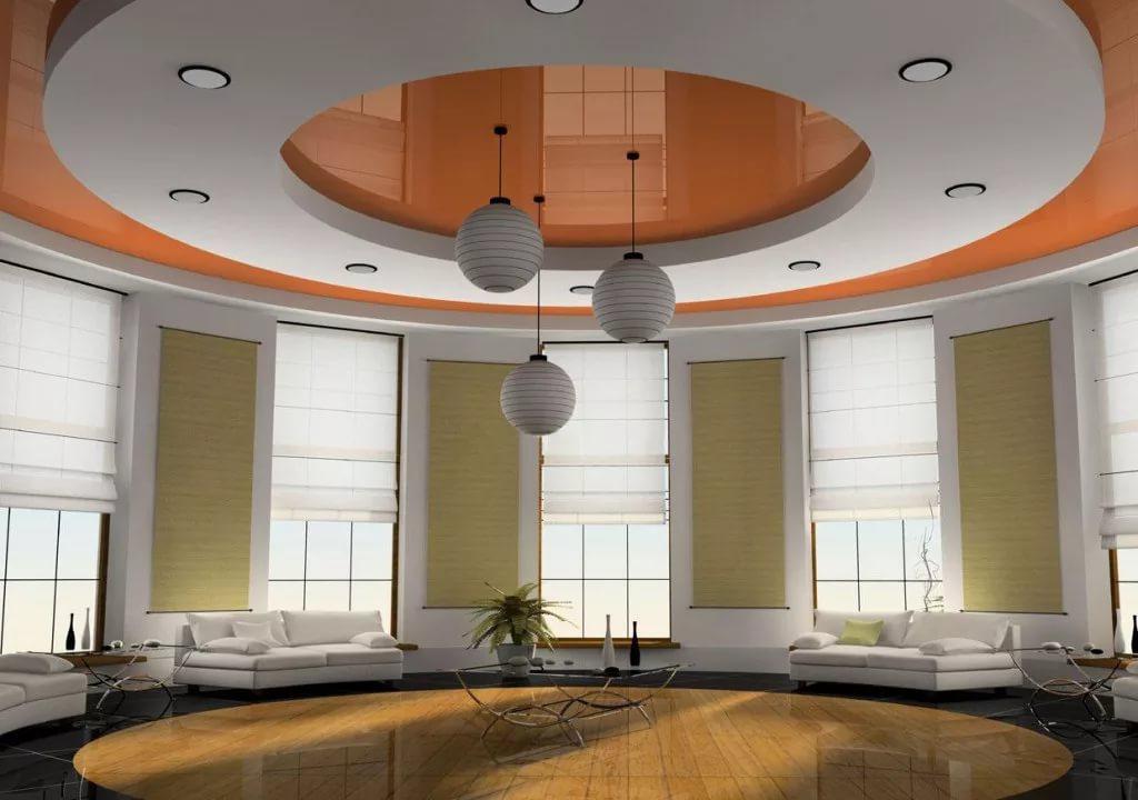 Дизайн потолка в зале: натяжные, гипсокартонные +60 фото примеров