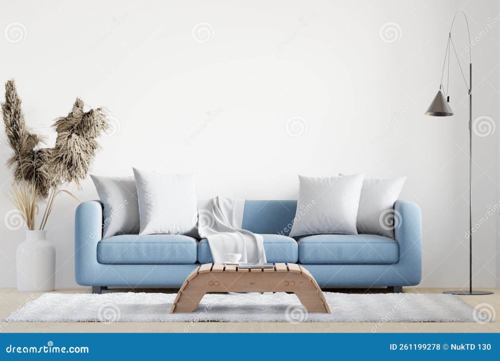 большая белая гостиная интерьер дизайн голубой диван деревянная ковровая  стена для макета Стоковое Фото - изображение насчитывающей чердак,  афоризмов: 261199278