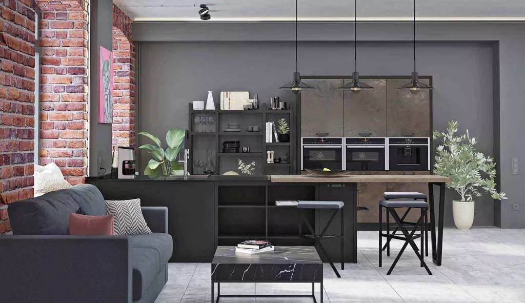 Кухня-гостиная 23.5 м², стиль Лофт: купить готовый дизайн-проект  кухни-гостиной в стиле Лофт для жк ника парк - ReRooms