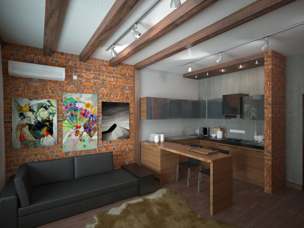 Кухня-гостиная 23.5 м², стиль Лофт: купить готовый дизайн-проект  кухни-гостиной в стиле Лофт для жк ника парк - ReRooms