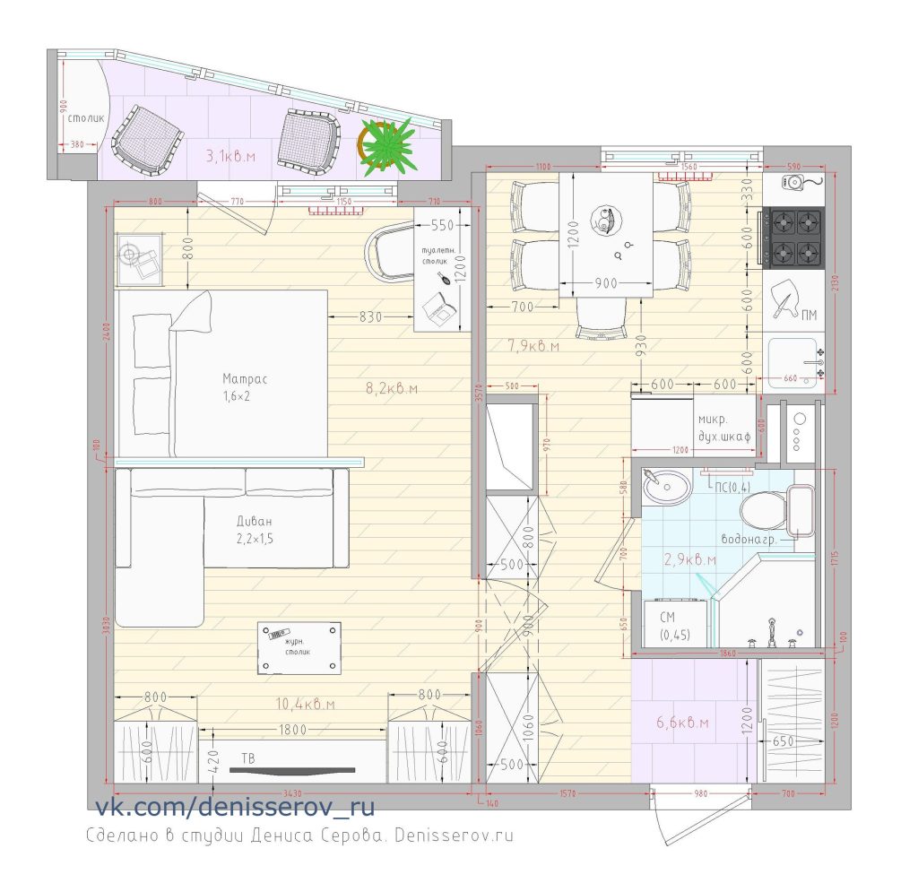 Планировка 1 однокомнатной квартиры п44т фото с размерами | Студия Дениса  Серова