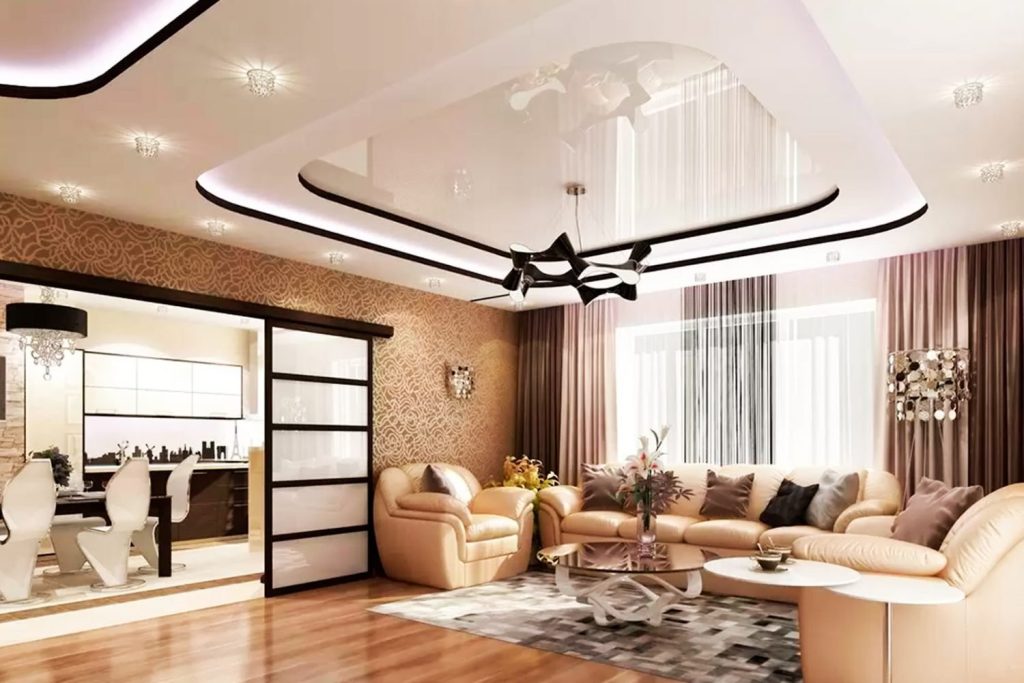 Современный дизайн потолка в гостиной - 29 фото