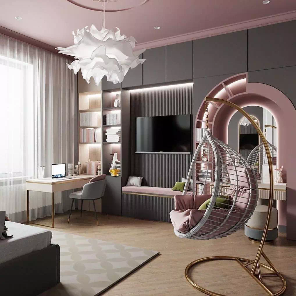 ≡ ➤ Дизайн спальни девочки-подростка с необычной мебелью серых, розовых и  белых оттенков ⋆ ⋆ Фабрика мебели «Mamka™» ᐈ Эксперт детского пространства