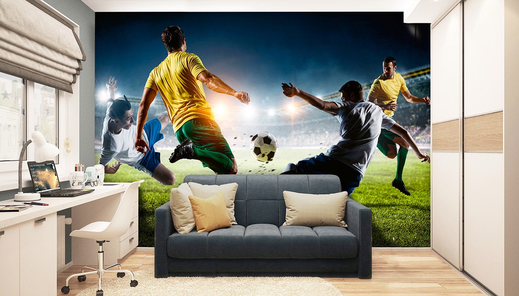 Футбольные флизелиновые фотообои в комнату 3D Спорт Футболисты борются за  мяч (14408V)+клей купить по цене 200,00 грн