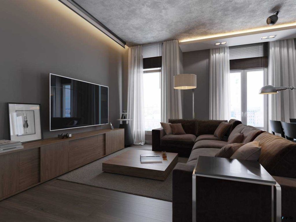 Серо коричневый интерьер гостиной - 65 фото