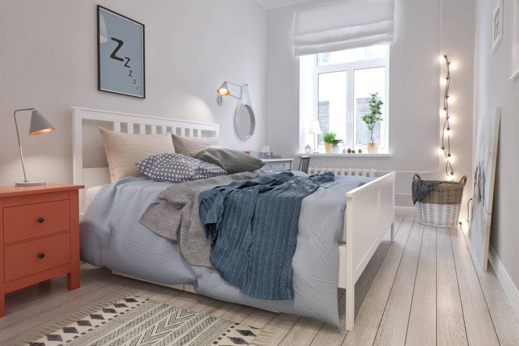Спальня в скандинавском стиле: маленькая спальная комната, кровать и шкаф,  дизайн интерьера, фото