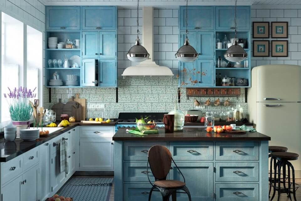 Голубая кухня в стиле прованс: сочетания с белым, серым и другими цветами.  Выбор мебели, отделки, декора. Фото голубых кухонь в интерьере.