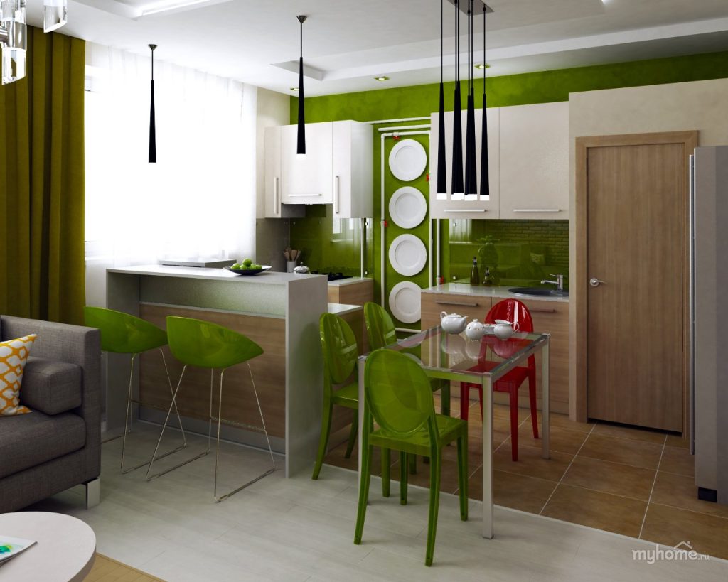 Кухня гостиная в зеленых тонах - 54 фото