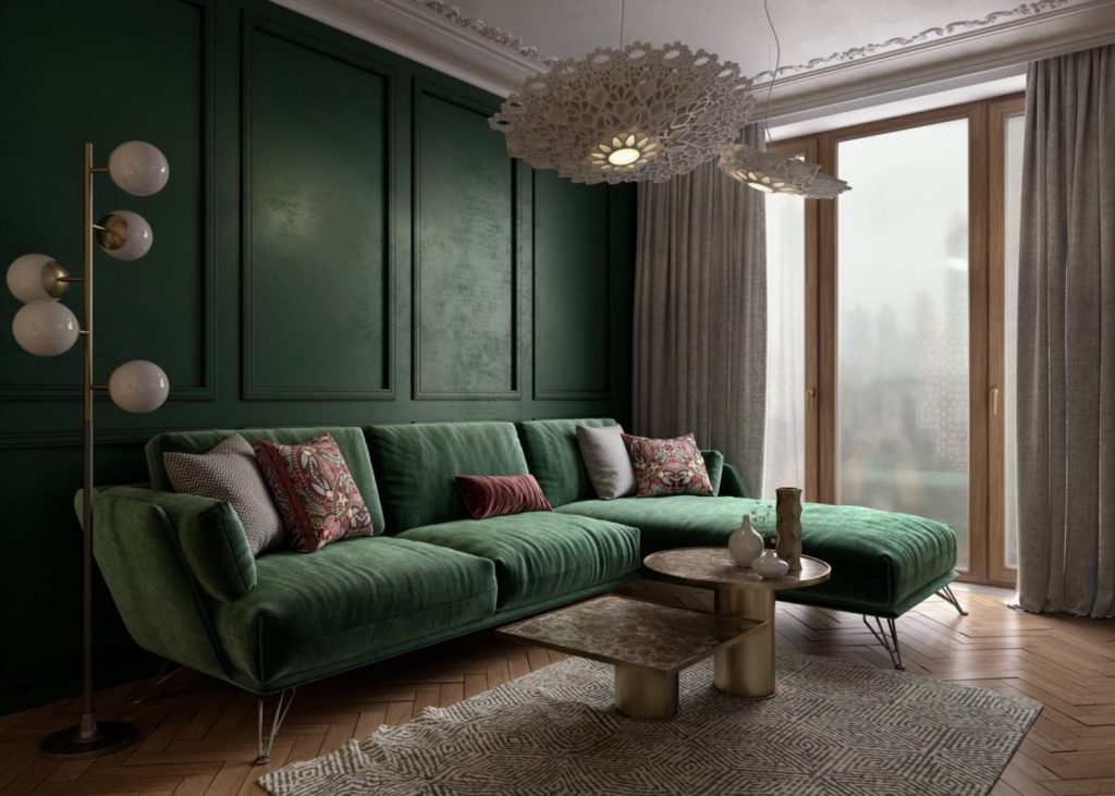 Дизайн гостиной с зеленым диваном (66 фото)